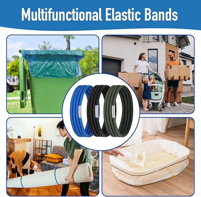Large Rubber Bands Set of 3, Fits 55, 65, 96 Gallon Trash Cans, Trash Can Bands for Large Bags, Durable Kitchen Garbage Bag Straps, Heavy Duty Elastic Bands in Black, Blue and Olive Green