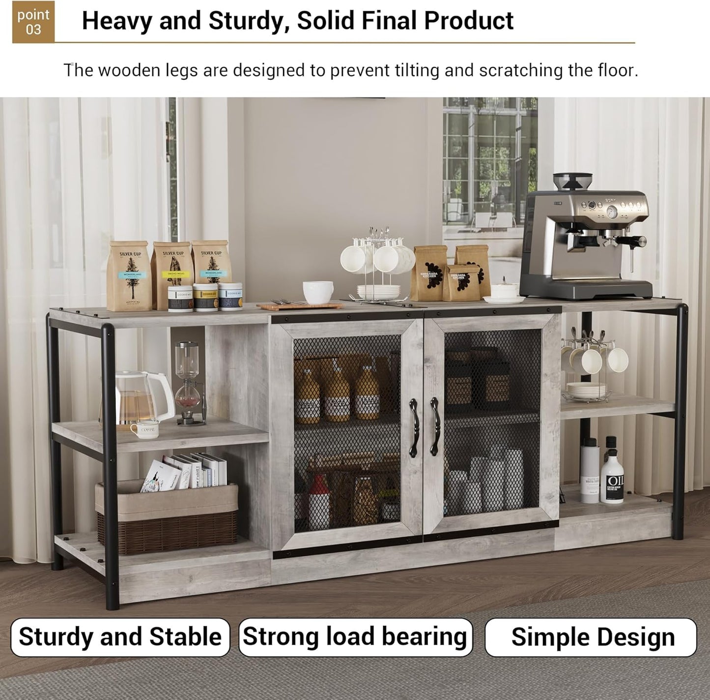 Farmhouse TV Stand for 65+ Inch TV, Industrial TV Cabinet, Entertainment Center with Double Mesh Doors and Storage Cabinet, Rustic TV Cabinet, TV Console Table Media Cabinet for Living Room, Grey