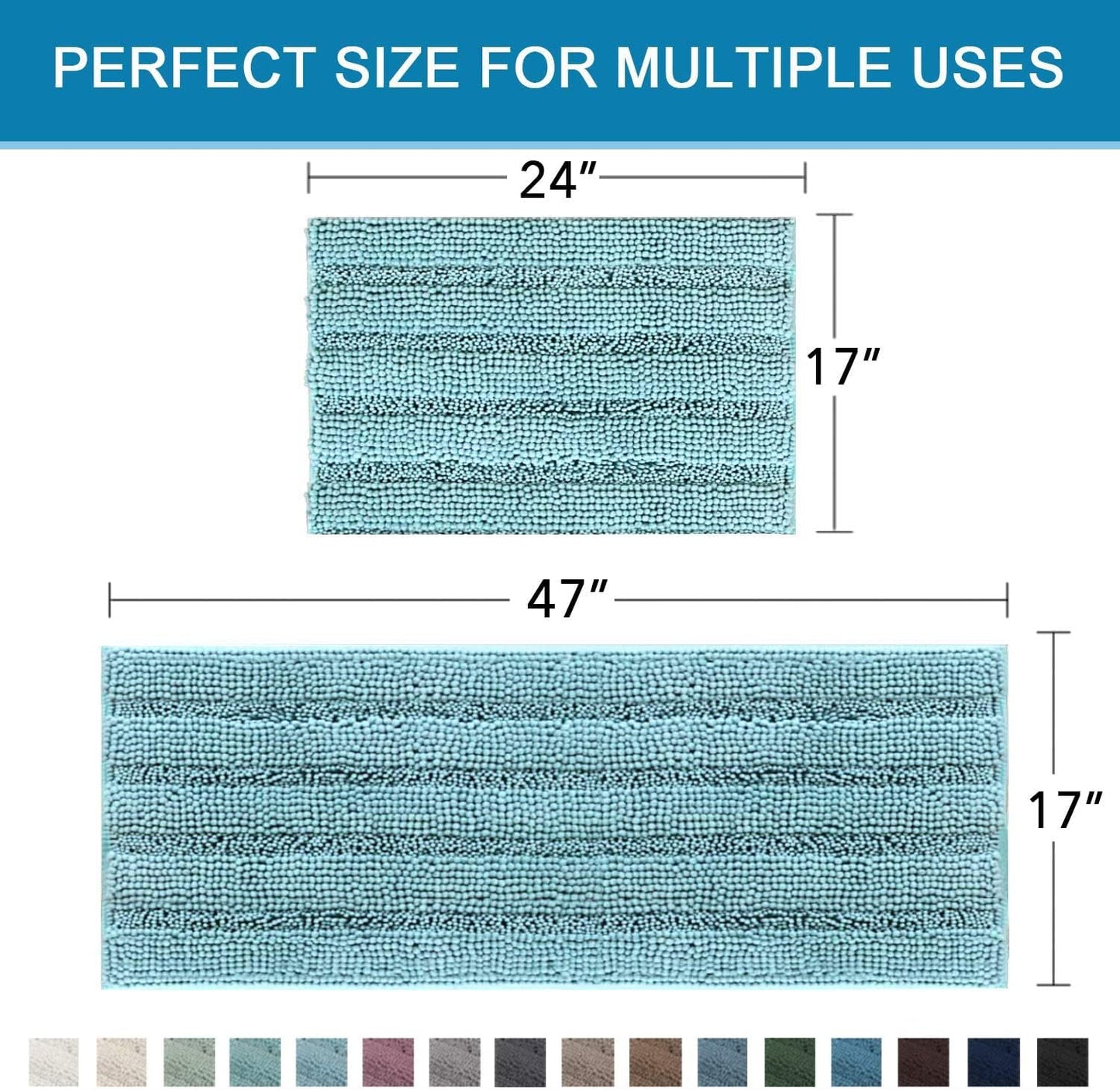 H.VERSAILTEX Bathroom Rugs Bath Mats Sets Super Absorbent Chenille Striped Bath Mats Non Skid Machine Wash Dry Rugs for Bathroom Floor Set of 2(Aqua Haze, 47 x 17 Plus 17 x 24 - Inches)
