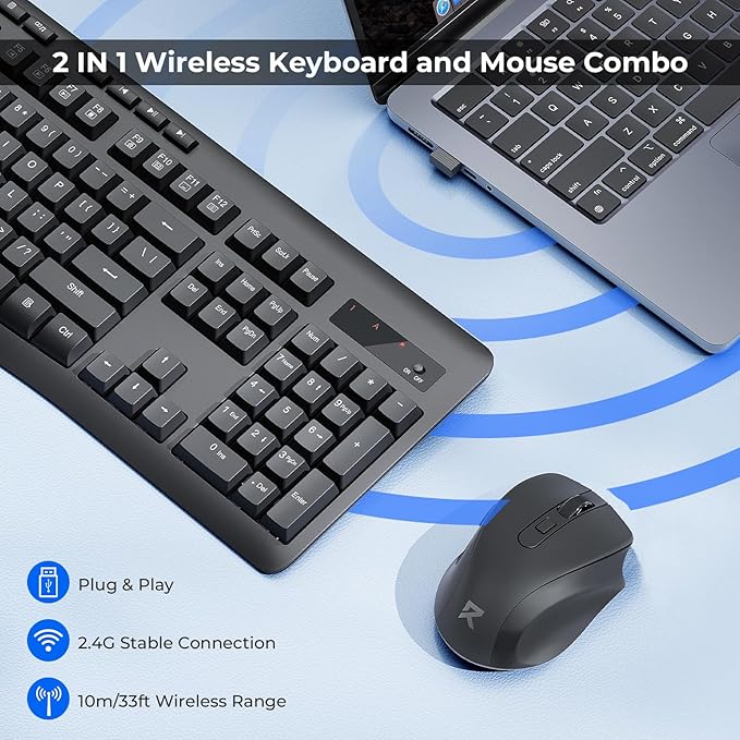 Redragon Wireless Keyboard and Mouse Combo, 2.4G Full-Sized Ergonomic Computer Keyboard and 5 Level DPI Adjustable Wireless Mouse for Windows, Mac OS Desktop/Laptop/PC, BS-7367-B