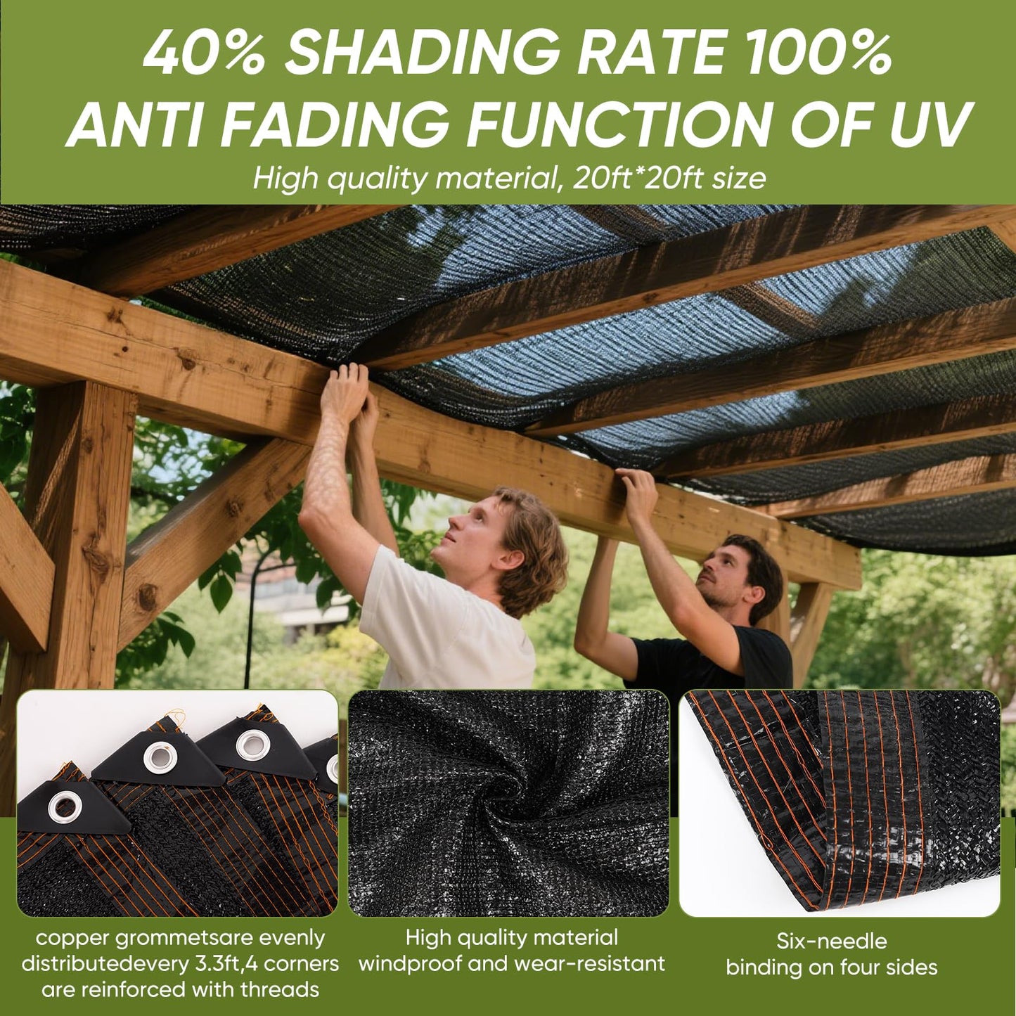 VOLA MANNER 40% Shade Cloth,10x20ft Tear Resistant Sun Shade Net with Reinforced Grommet,Durable Garden Shade Tarp Cover for Greenhouse,Plant Cover, Chicken Coop,Patio and Pergola,Black