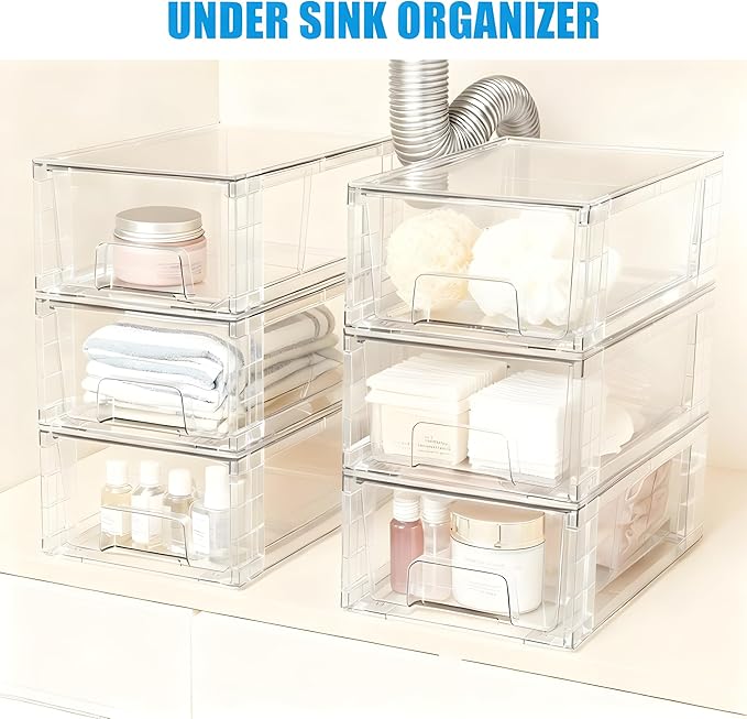 2 Pack Stackable Storage Drawers,Plastic Organizers Bins, Drawers Storage with Handles and Movable Dividers for Organization and Storage in Fridge,Dressers, Pantry, Kitchen Cabinets, Under Sink