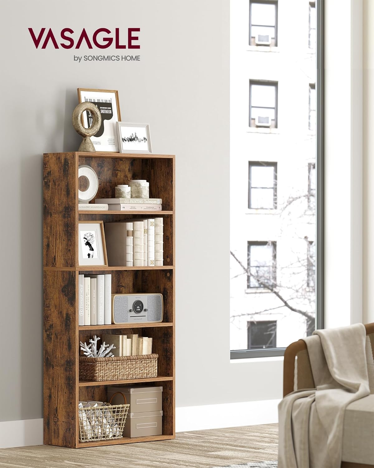 VASAGLE Set of 2 Bookshelves, 23.6 Inches Wide, 5-Tier Open Bookcases with Adjustable Storage Shelves, Floor Standing Units, Rustic Brown ULBC165X01-2