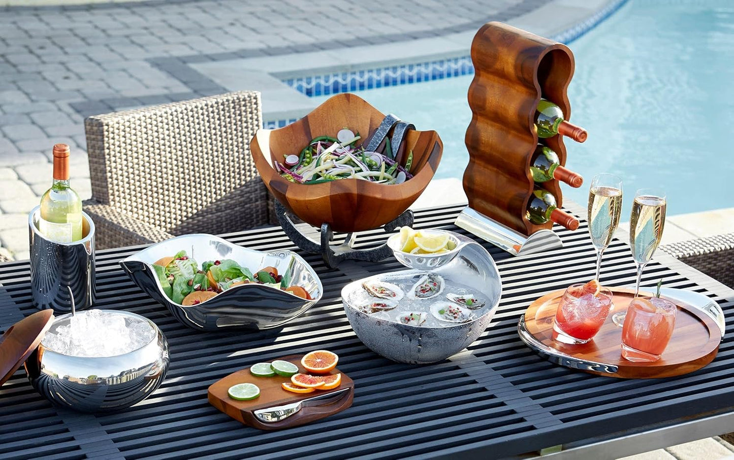 Nambé Canu Chip & Dip – Acacia Wood Base with Removable Alloy Bowl for Heating or Chilling, Entertaining Serving Tray for Chips, Snacks, Appetizers, or Hors d’Oeuvres, Stylish Table Accent