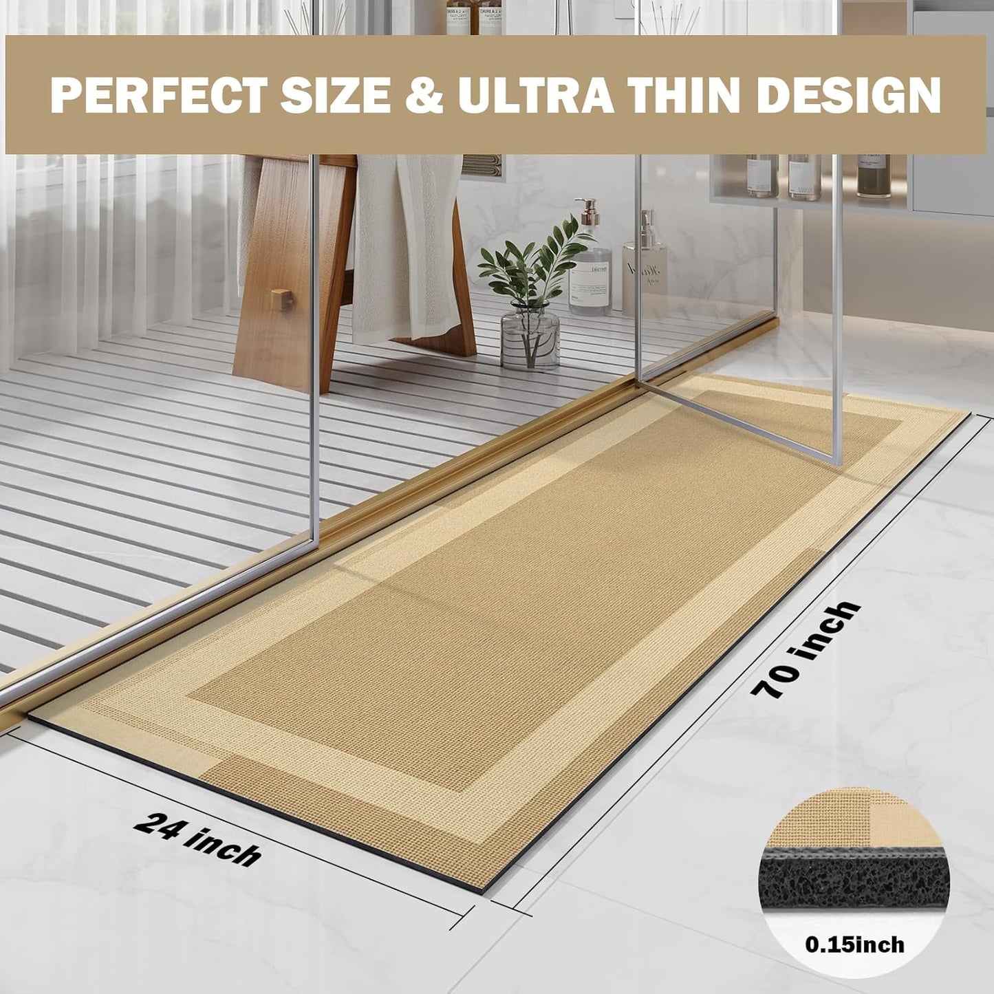 Extra Long Non Slip Bathroom Runner Bath Mat, Rubber Backing Ultra Thin Bath Rug Fit Under Door Quick Dry Super Absorbent Washable Shower Mat for Bathroom Floor Bathtub Sink, Brown 24"x70"