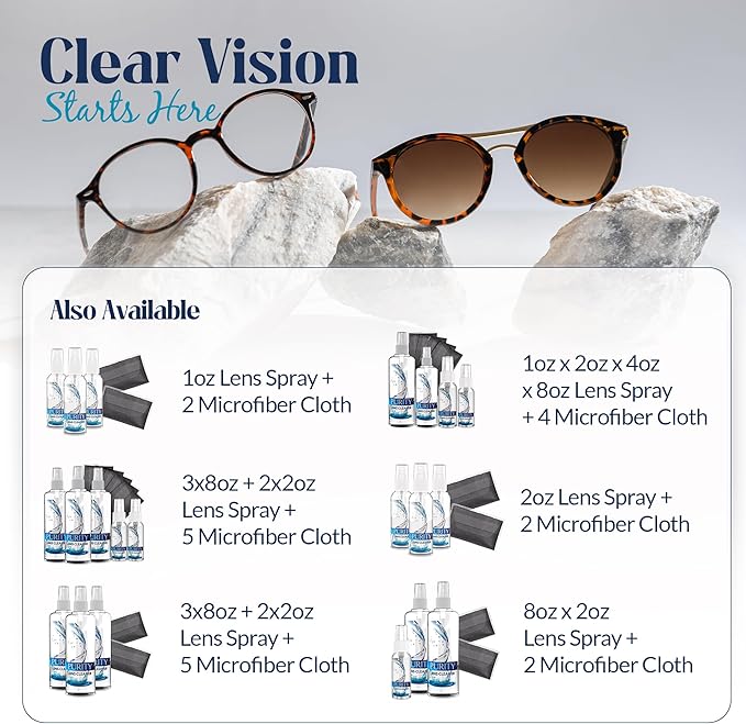 Purity Eyeglass Cleaner Mega Pack - Multi-Size Lens Cleaner Kit - 2x2oz, 3x8oz Bottles + 5 Black Premium Microfiber Cloths - Safe for All Lenses, Eyeglasses, and Screens - Streak-Free Formula