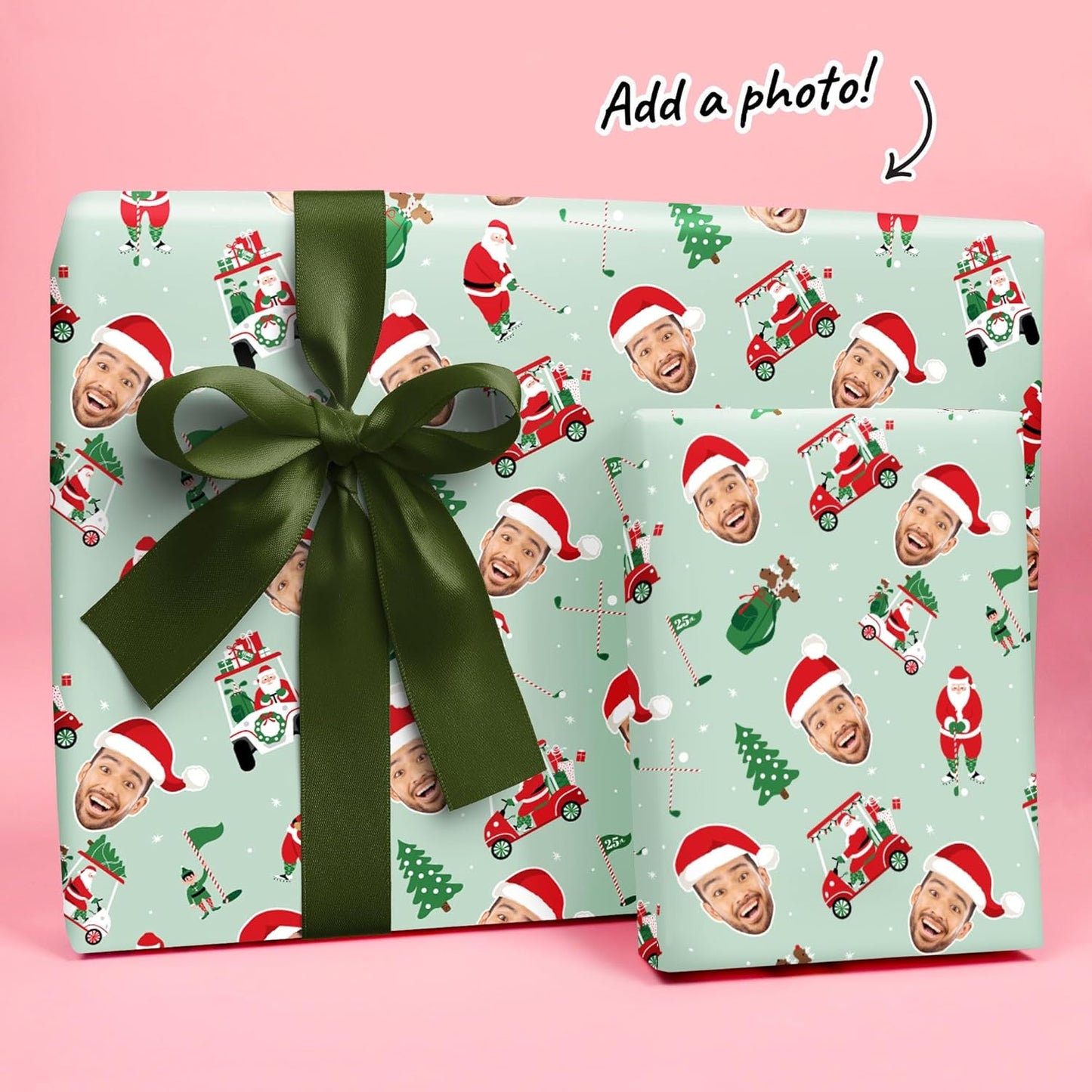 Big Dot of Happiness Custom Photo Golfing Santa Wrapping Paper, Personalized Golf Christmas Holiday Gift Wrap Roll, Funny Santa Hat Fun Face Christmas Gift Paper, 24 in x 7 feet, 1 Roll