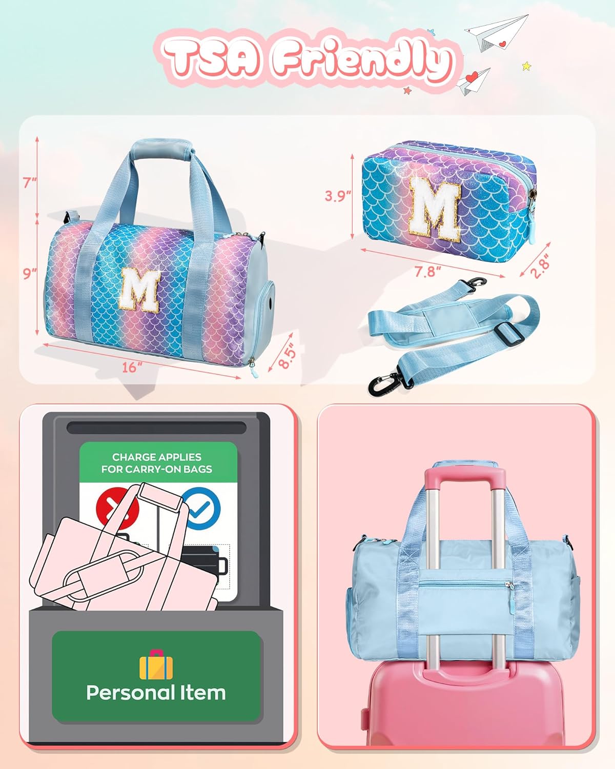 Daughter Birthday Gifts-Girl Gym Bag with Shoe Compartment, Kid Personalized Weekender Overnight Bags, Initial Travel Tote with Makeup Pouch, Graduation Gift for Girls (Letter Y)