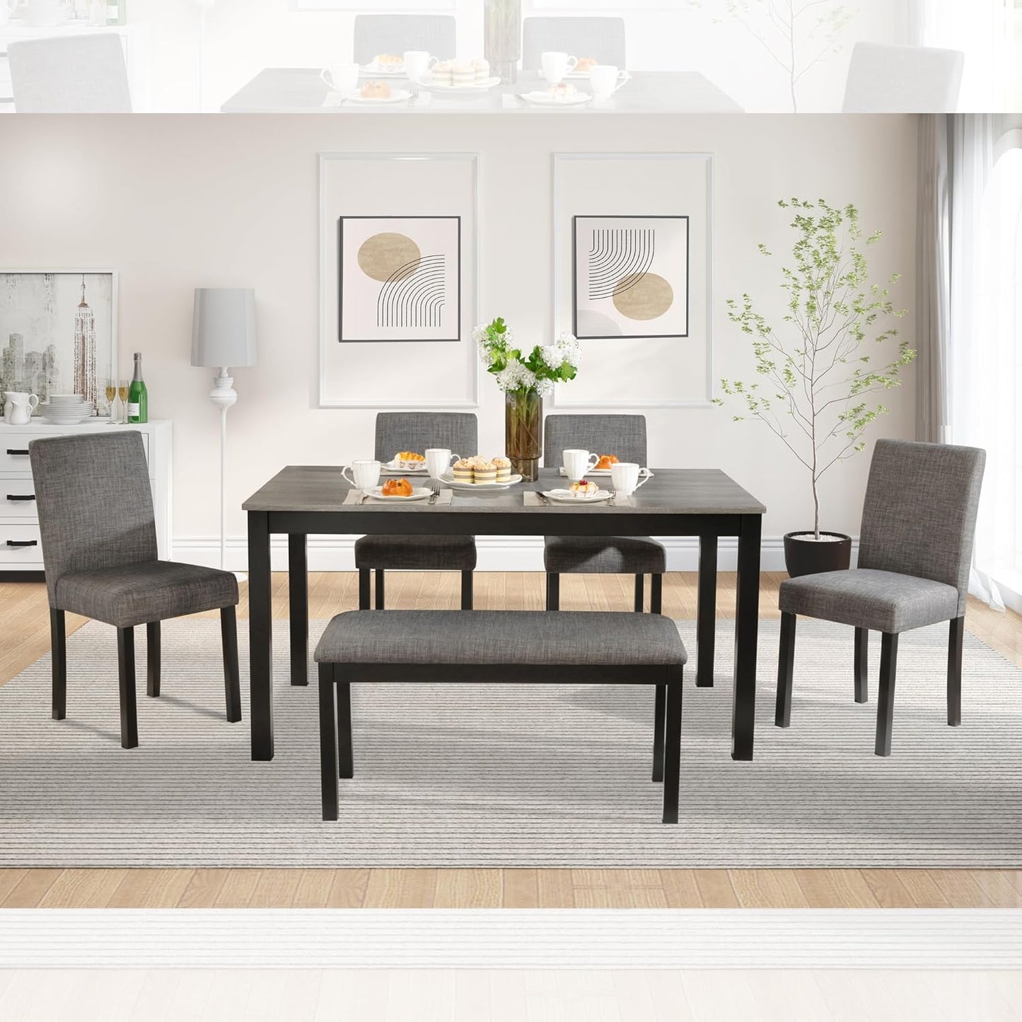KEIKI 6-Piece Standard Height Dining Table Set with Rectangular Table, 4 Upholstered Curved Backrset Chair, Bench, for 6 Person, Modern Table Set, Easy Assembly, for Kitchen, Dining Room, Black+Gray