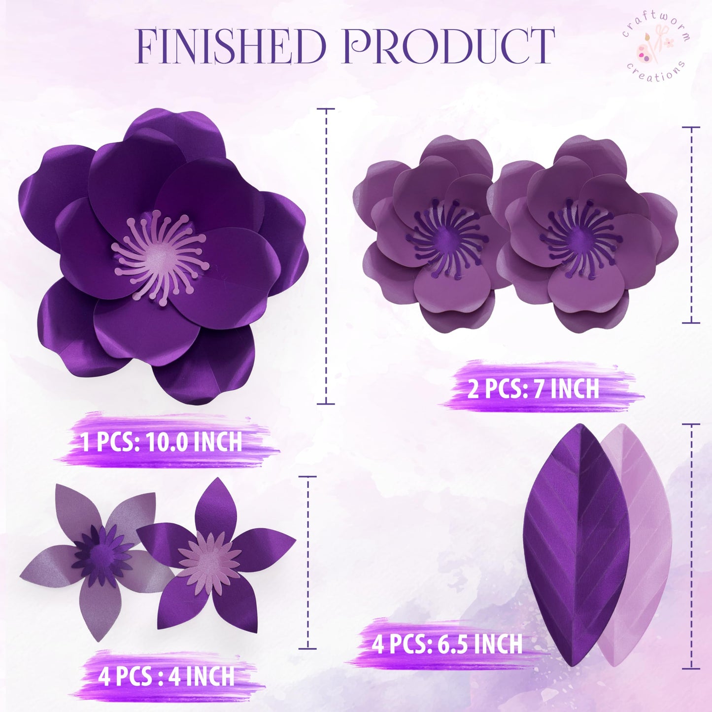 Craftworm Creations Giant Paper Flower DIY Kit – Purple & Lavender – 11-Piece Pre-Cut Set with 10", 6" & 4" Flowers – Easy 15-Min Assembly – Girls Room, Graduation, Baby Shower & Party Backdrop Decor