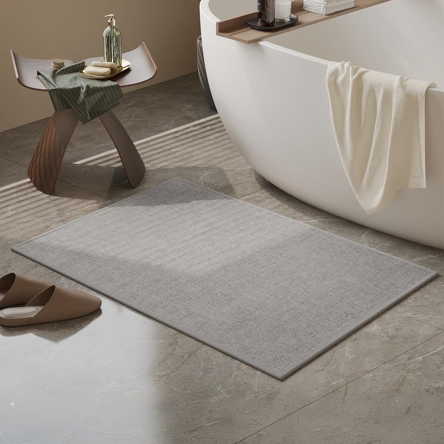 Mecko Bath Mat, Ultra Absorbent Quick Dry BathrAoom Floor Mats-Rubber Non-Slip Thin Bathroom Rug Fit Under Door, Cozy Cloth Surface Shower Rug for Bathtub, Sink, Shower Room(Sliver Grey,16"x24")
