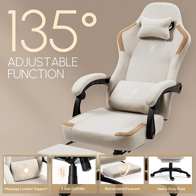 Dowinx Fabric Gaming Chair with Pocket Spring Cushion,Breathable Computer Chairs with Massage Lumbar Support and Footrest,High Back Game Office Chair for Adult,Beige