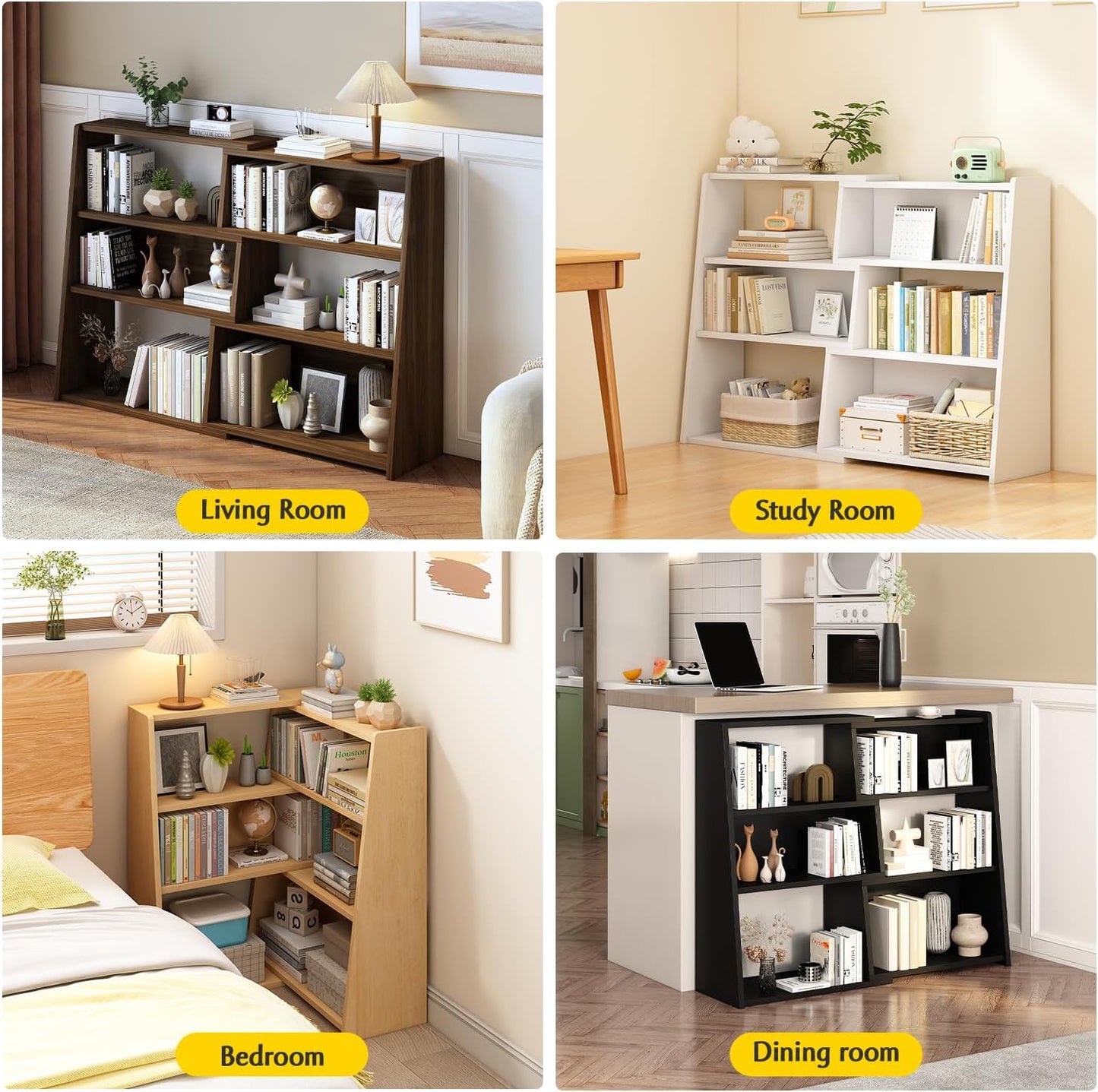 IOTXY Wooden Extendable Shelf Bookcase - 3-Tier Ladder Low Short Bookshelf for Small Space or Corner, Black, L