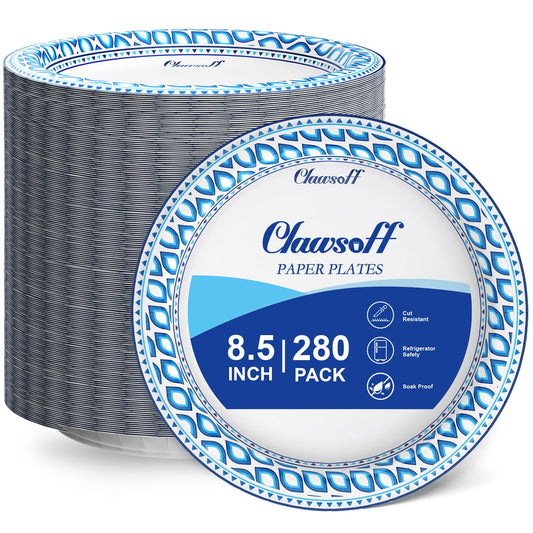 Clawsoff 8.5 Inch Paper Plates Bulk 280 Count, Cut Proof Heavy Duty Paper Plates, Soak Proof Dessert Plate, Disposable Dinner Plate for Party, Birthday and Picnic