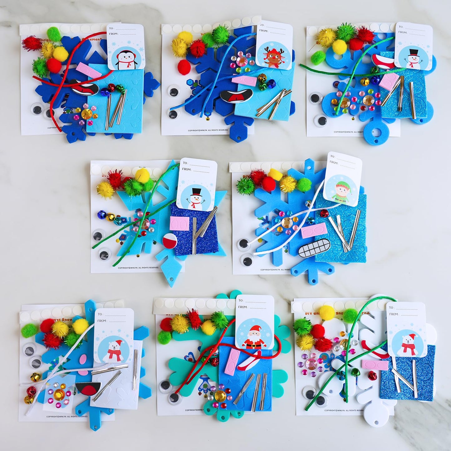 Winlyn 24 Sets Christmas Craft Kits Winter Crafts DIY Snowflake Ornaments Decorations Art Sets Foam Snowflakes Smile Stickers Jingel Bells for Kids Holiday Home Classroom Activities Party Favors