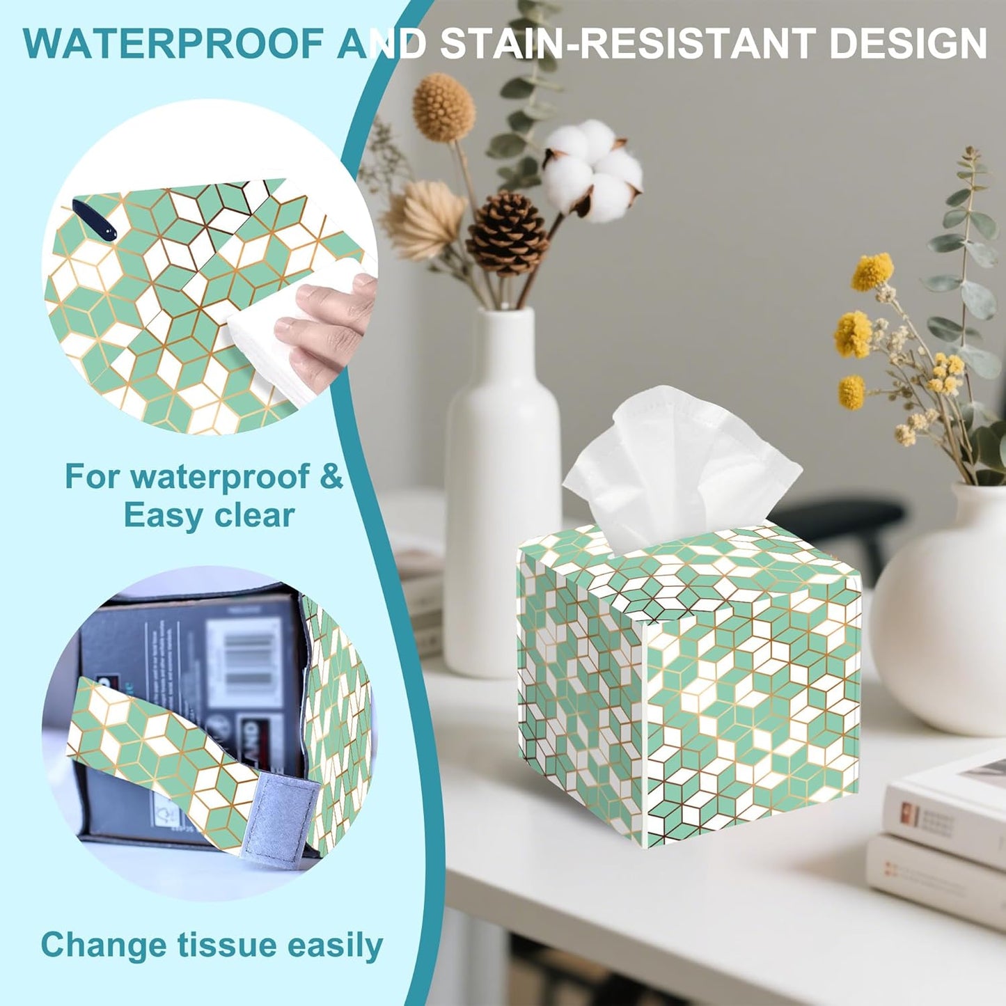 Green Marble Leather Tissue Holder,Golden Geometric Square Tissue Box Cover with Bottom Belt,Modern Decorative Facial Tissue Paper Cover for Bedroom Nightstand Vanity Desk Office,5.2" x 5.2" x 5.2"