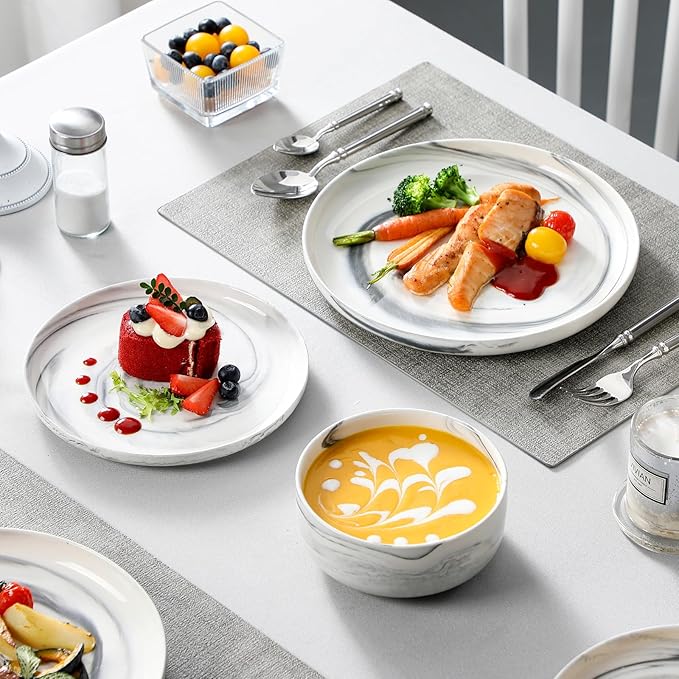 MALACASA Plates and Bowls Sets, 12 Pieces Porcelain Dinnerware Sets Dishware Sets Chip Resistant Ceramic Dish Set Dining Dinner Ware Service for 4, Marble Grey, Series LUNA