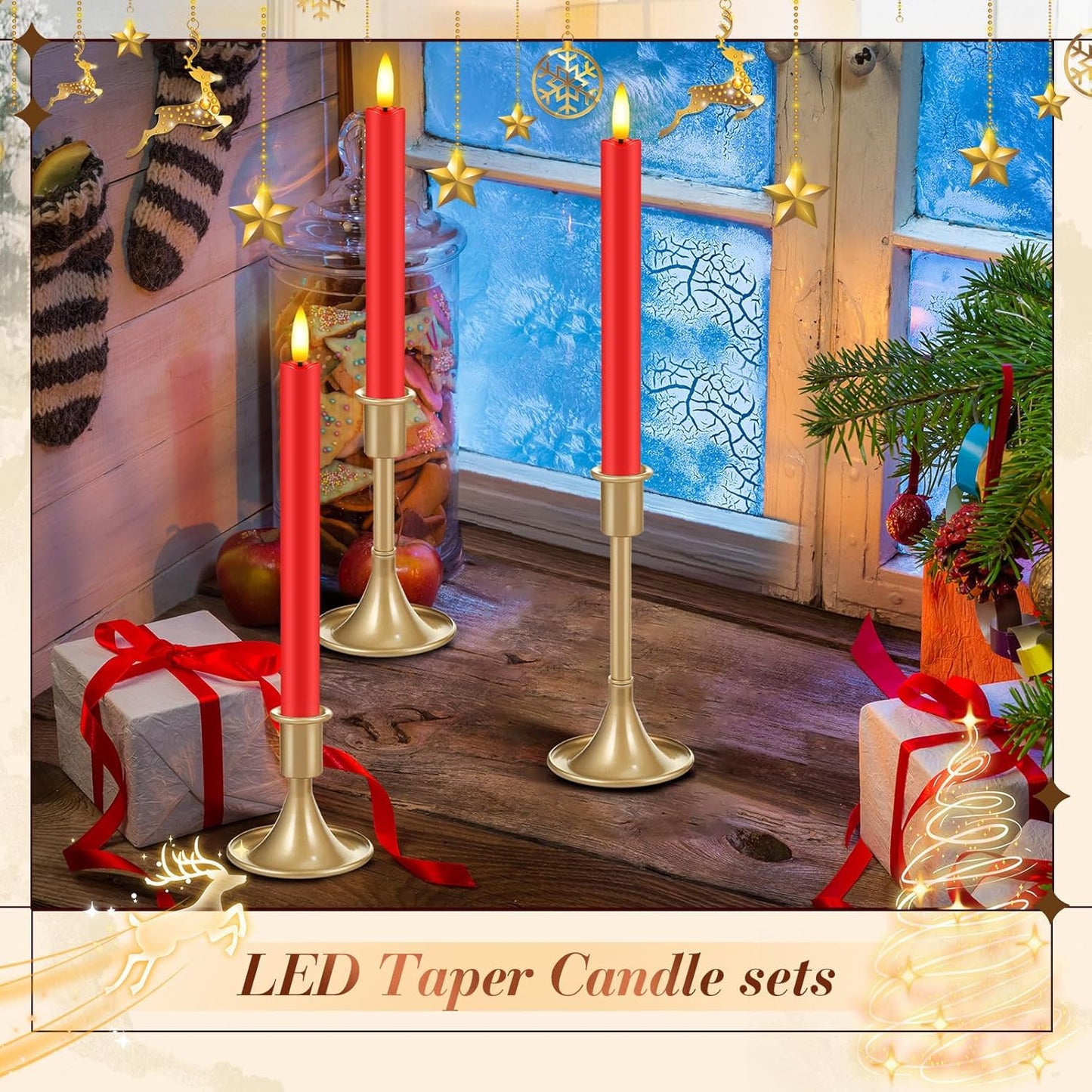 Retisee 6 Pack Taper Candles Holder Set, Candlestick Holders and 10 in Led Taper Candles with Remote Timer Flameless Candles for Holiday Wedding Table Decor(Red)