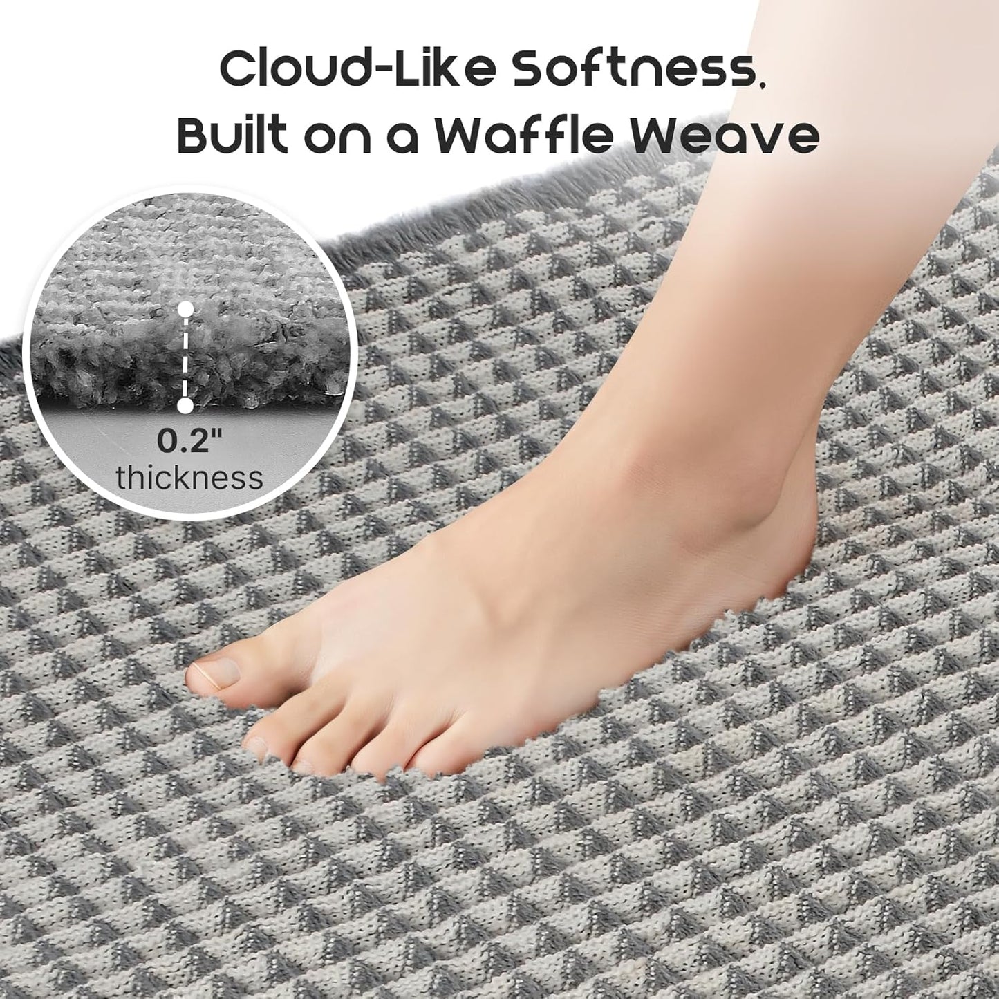 ArtyCozy Waffle Bath Mat Set of 2, Super Absorbent Soft Non-Slip Boho Bath Rugs with Flat-Woven Hot Glue Backing for Bathroom, Machine Washable Bath Mats, 20" × 32" Plus 17" × 24", Grey & White