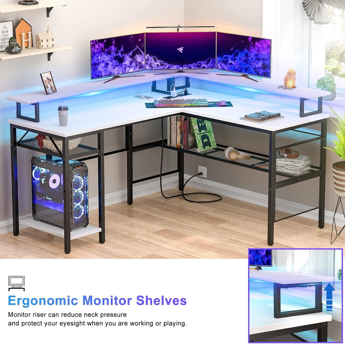 Unikito L Shaped Computer Desk with LED Strip and Power Outlets, Reversible Corner Desk with Monitor Stand and Storage Shelf, Modern Gaming Home Office Table with USB Ports, White