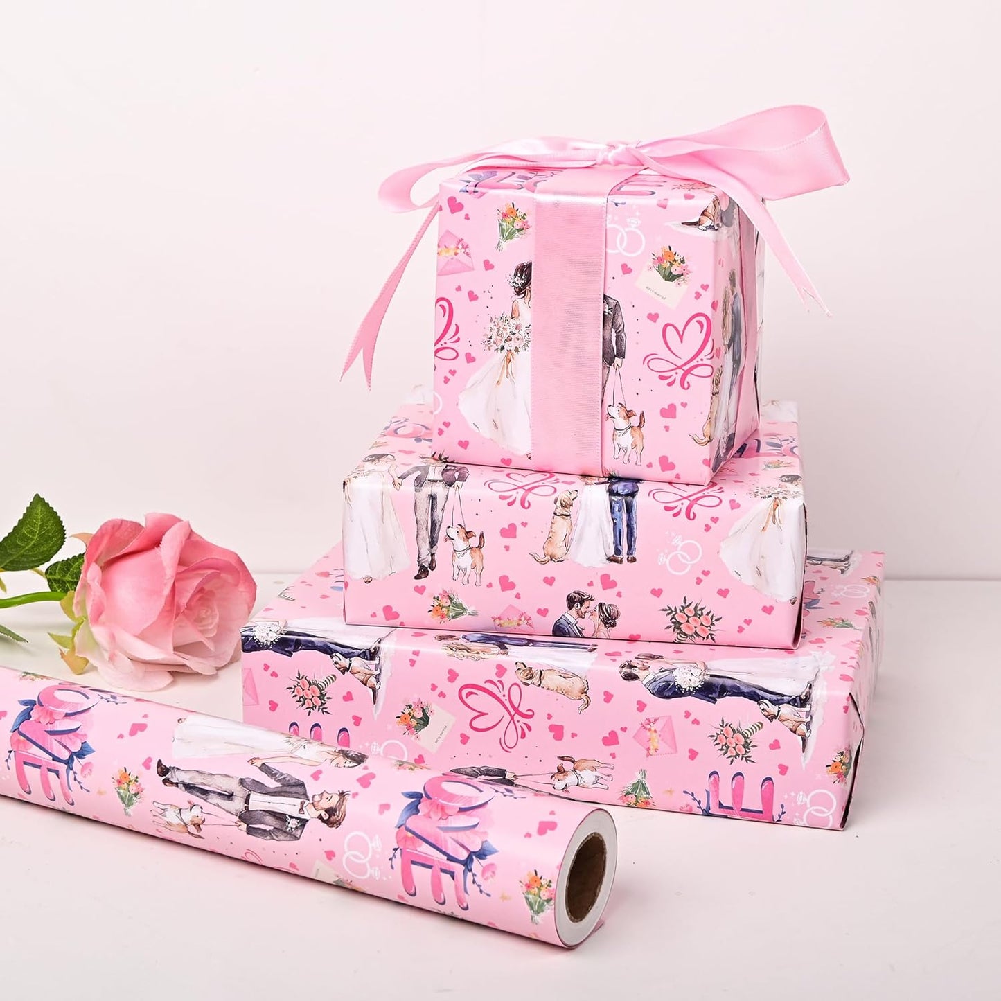 Vnaaem Reversible Wedding Wrapping Paper Roll for Girls Women - Pink Floral Design Gift Wrap for Holiday Bridal Shower Party - 17 in x 20 ft(Total 28.5sq.ft)