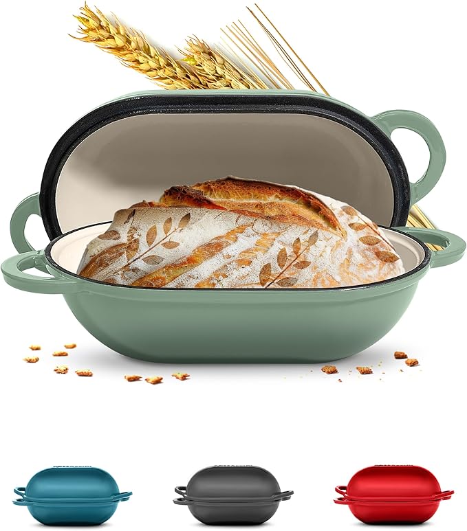 Signature Enameled Cast Iron Sourdough Bread Oven | Non-Stick with Tight Fitting Lid for Perfect Baking and Bread Making | 2QT Oval Oven With Lid [Sage Green]
