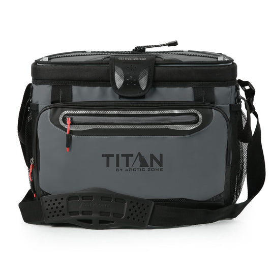 Titan by Arctic Zone Zipperless Soft Sided Cooler with HardBody Liner and SmartShelf, Insulated Bag with Shoulder Strap and Bottle Opener for Beach, Picnic, and Travel, 30 Can Capacity, Sharkskin Gray