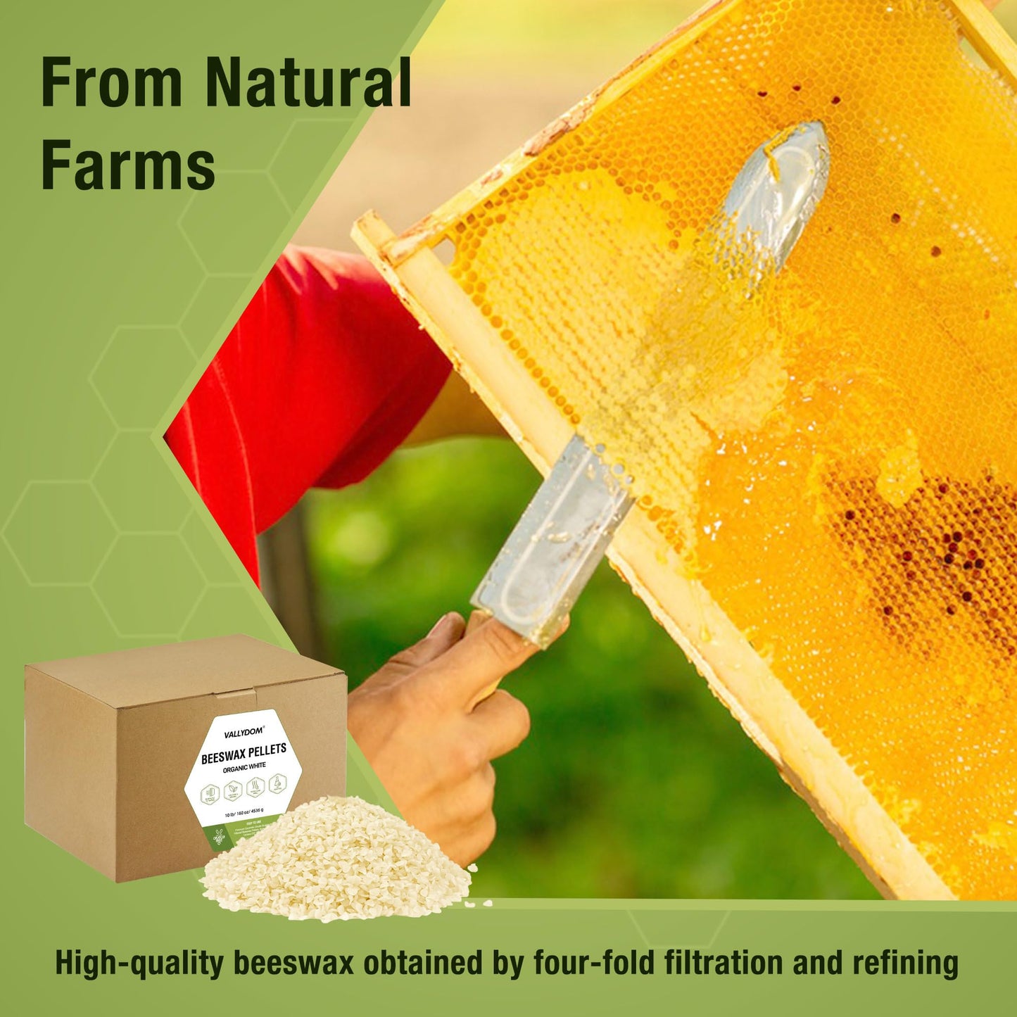 VALLYDOM Organic Beeswax Pellets - 4536g White Beeswax Pastilles, Pure Natural Bulk Bees Wax Pellets for DIY Beeswax Making Candles Skin Care Lip Balm Soap Lotion (10lb)