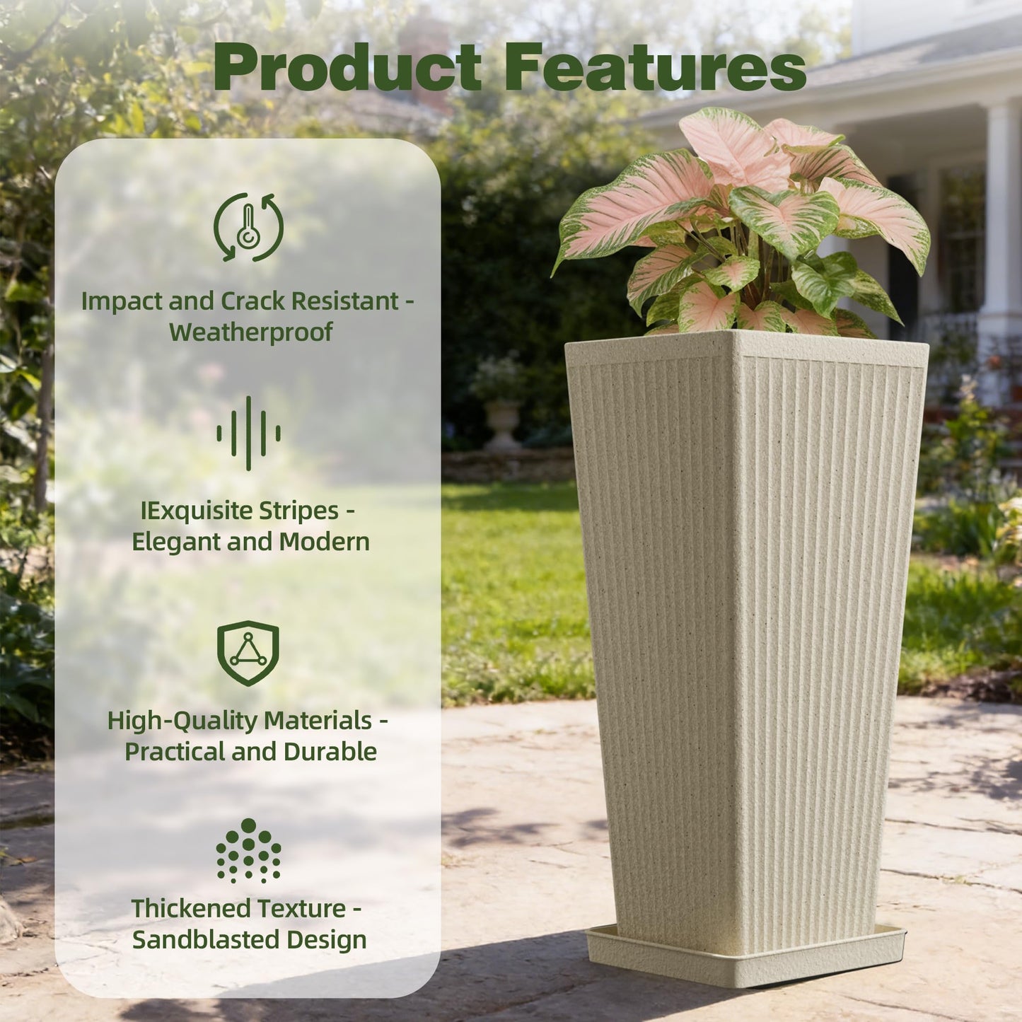 Trygoal Tall White Planters for Outdoor Plants - 23.6" Classic Tapered Large Outdoor Planters Set of 2 with Drainage Holes/Partition/Tray, Heavy-Duty Front Porch Planter for Porch Patio, Garden Vase
