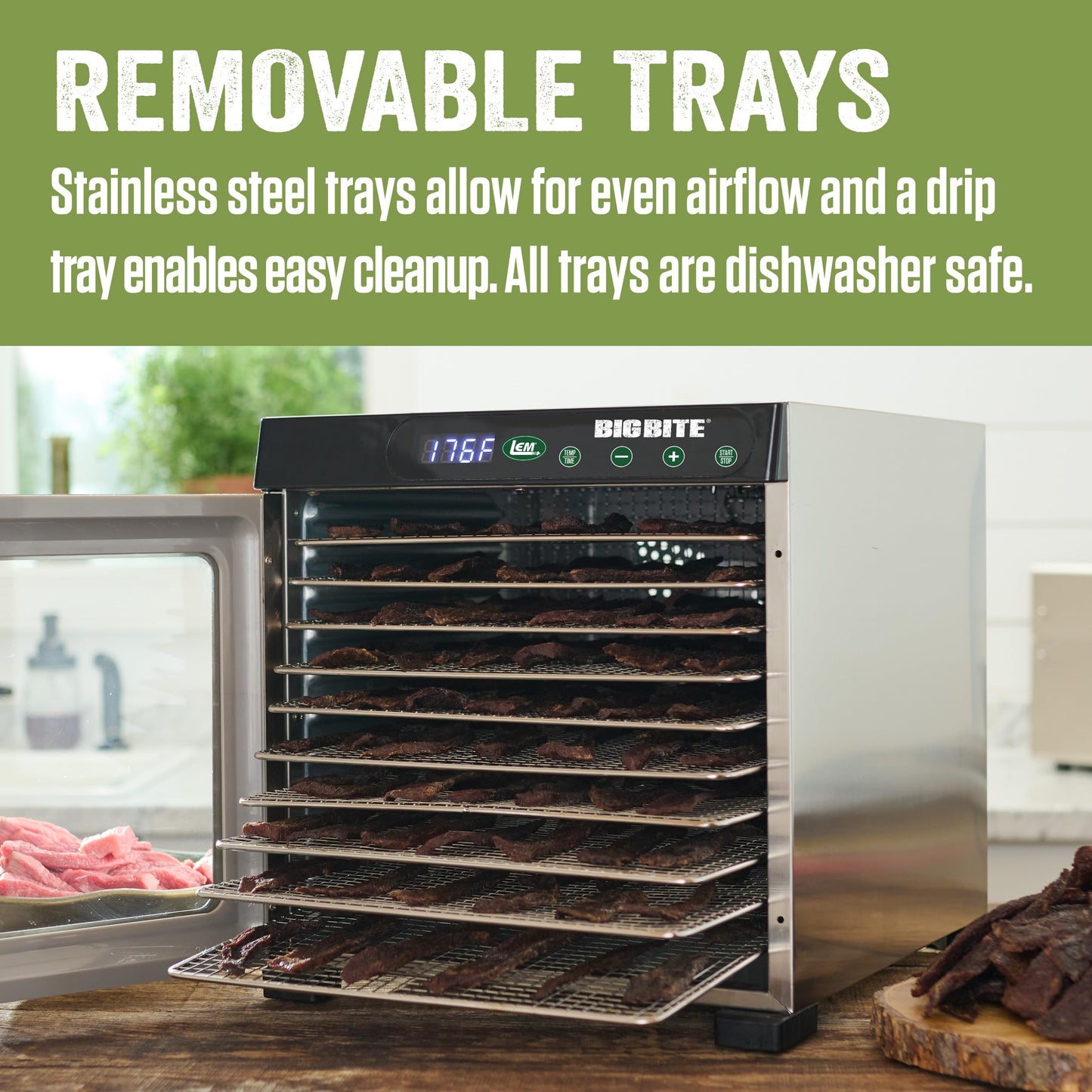 Lem Products Bigbite 10-Tray Stainless Steel Dehydrator, Food Dehydrator For Beef Jerky, Meat, Vegetables, And Fruits, Includes