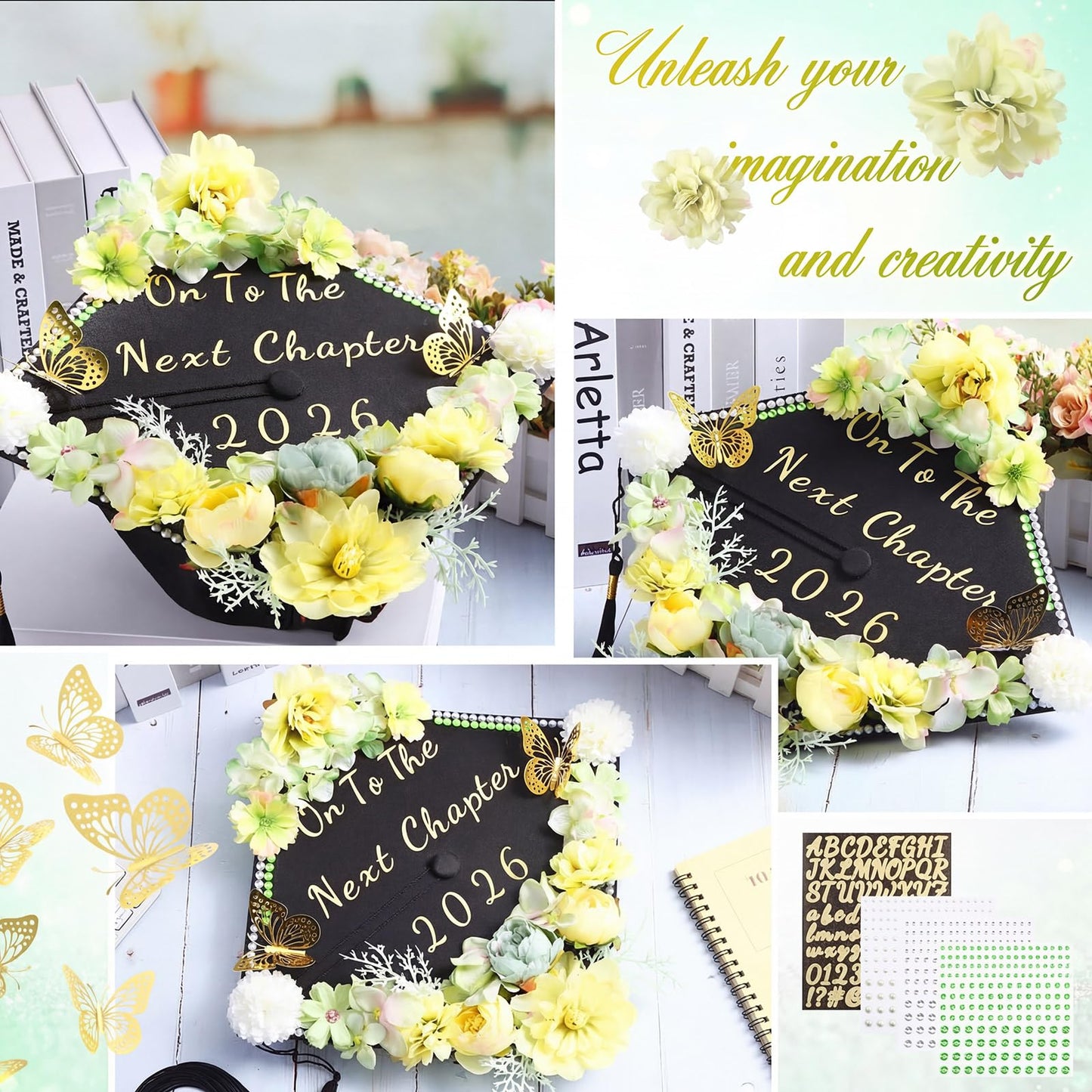 Hoteam DIY Graduation Cap Decorations Kit Included Faux Flowers 3D Butterfly Self Adhesive Rhinestones Glitter Alphabet Letter Stickers for 2026 Grad Cap Topper Party Gifts Decor(Green)
