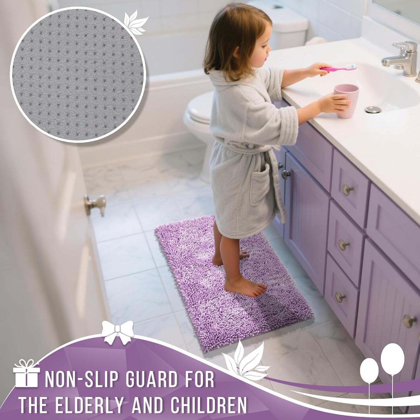 Yimobra Long Bathroom Rug Non Slip 44x24 Inch, Extra Thick Soft Absorbent Chenille Bath Mat, Machine Washable Quick Dry Bath Rugs for Bathroom Floor, Tub and Shower, Home Decor Accessories, Lilac