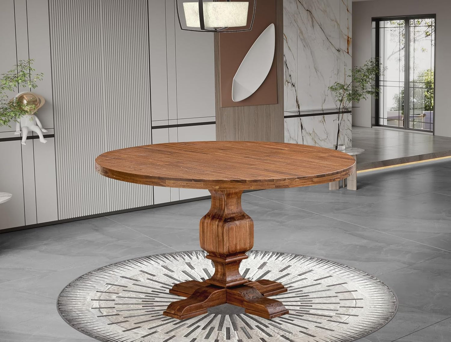 I53-0N-TP Dining Table with Acacia Wood Round Tabletop and Elegant Pedestal Base - Antique Walnut Finish