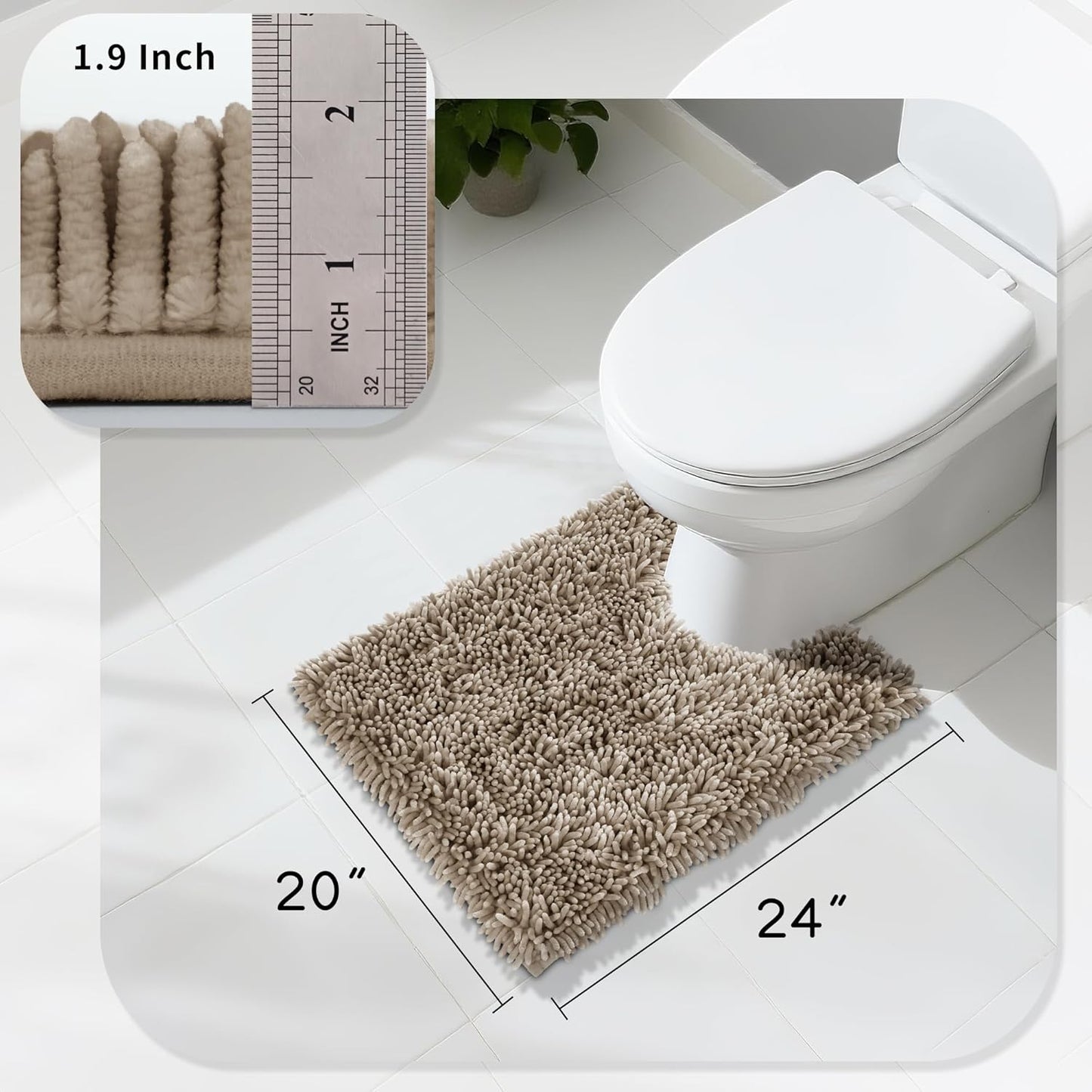Yimobra Toilet Rugs U Shaped Washable, Extra Thick Soft Absorbent Chenille Contour Bathroom Rugs for Toilet 24x20 Inch, Quick Dry Non Slip Toilet Mat for Bath Floor, Camel