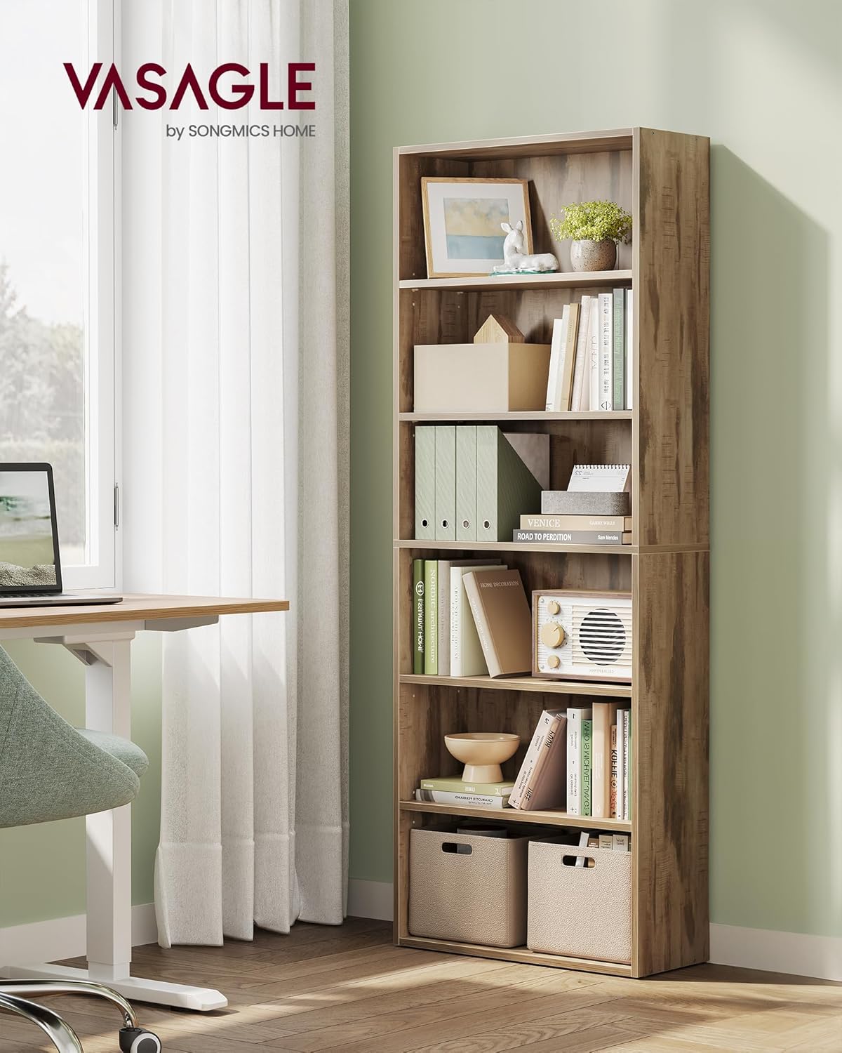 VASAGLE Custos Collection - Bookshelf, 6-Tier Bookcase, Book Shelf, Open Storage Shelf, 9.4 x 23.6 x 63.3 Inches, for Living Room, Home Office, Dinning Room, Camel Brown ULBC166T50
