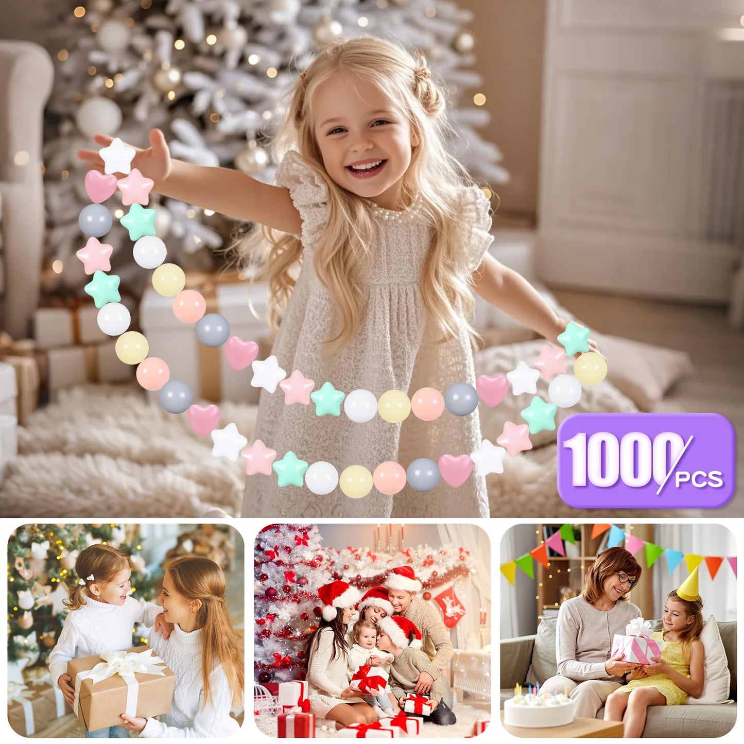 GOGOSO Ball Pit Balls,Plastics Balls for Ball Pit, Stars Hearts Shape for PastelBall for Toddlers Kids，6 Mix Colors, 1000pcs