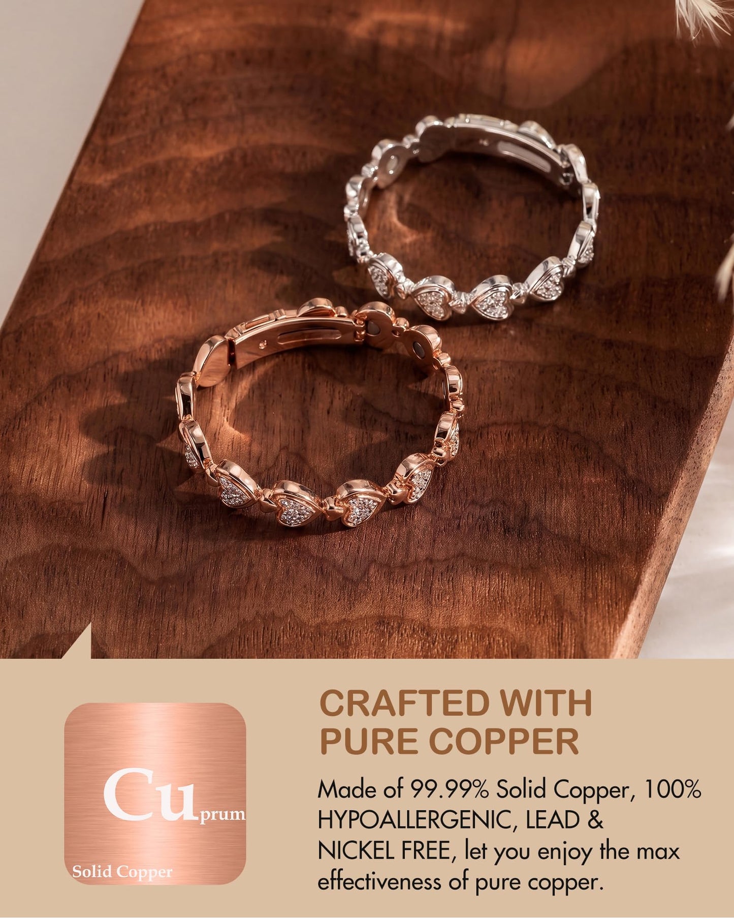 Feraco Pure Copper Bracelets for Women, Ultra Strength Magnetic Bracelet for Women with 3800 Gauss Magnet & Dazzling Austrian Crystals Stone, Heart-Shaped (Silver, 7.09 inches (18cm))