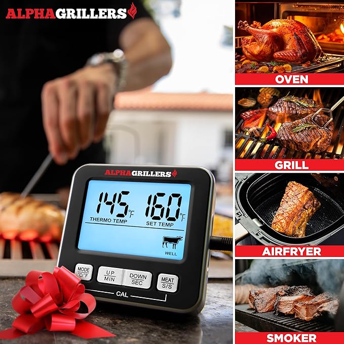 Alpha Grillers Oven Thermometer Probe - Turkey Thermometer Oven Safe Leave in Digital Meat Temperature Probe for Fryer - 7 Preset Temperature Alerts, Timer, & Alarm
