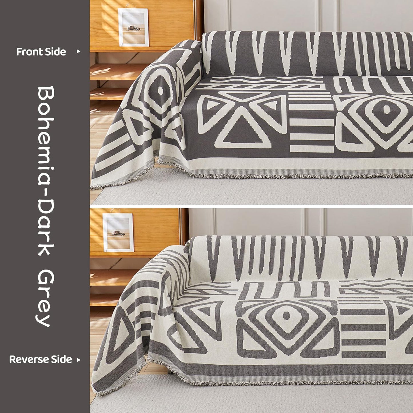STACYPIK Simple Dark Grey Boho Sofa Cover for Sectional Soft Tassel Chenille Couch Cover for 3 Cushion Couch Reversible Loveseat Cover for Dogs Cats Non-Silp Furniture Cover Multi-Use Blanket-91x118IN