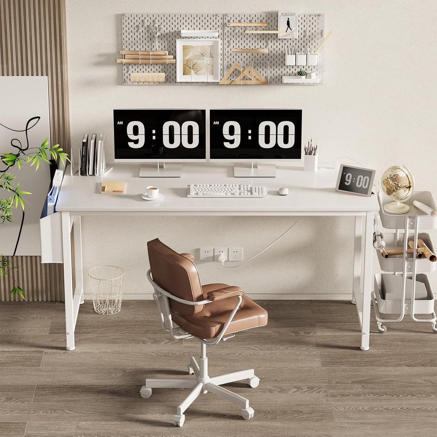 Lufeiya White Computer Desk with Power Outlet, 55 inch Teen Study Table Home Office Work Writing Gaming Desks with Charging Station Outlets Built in, White