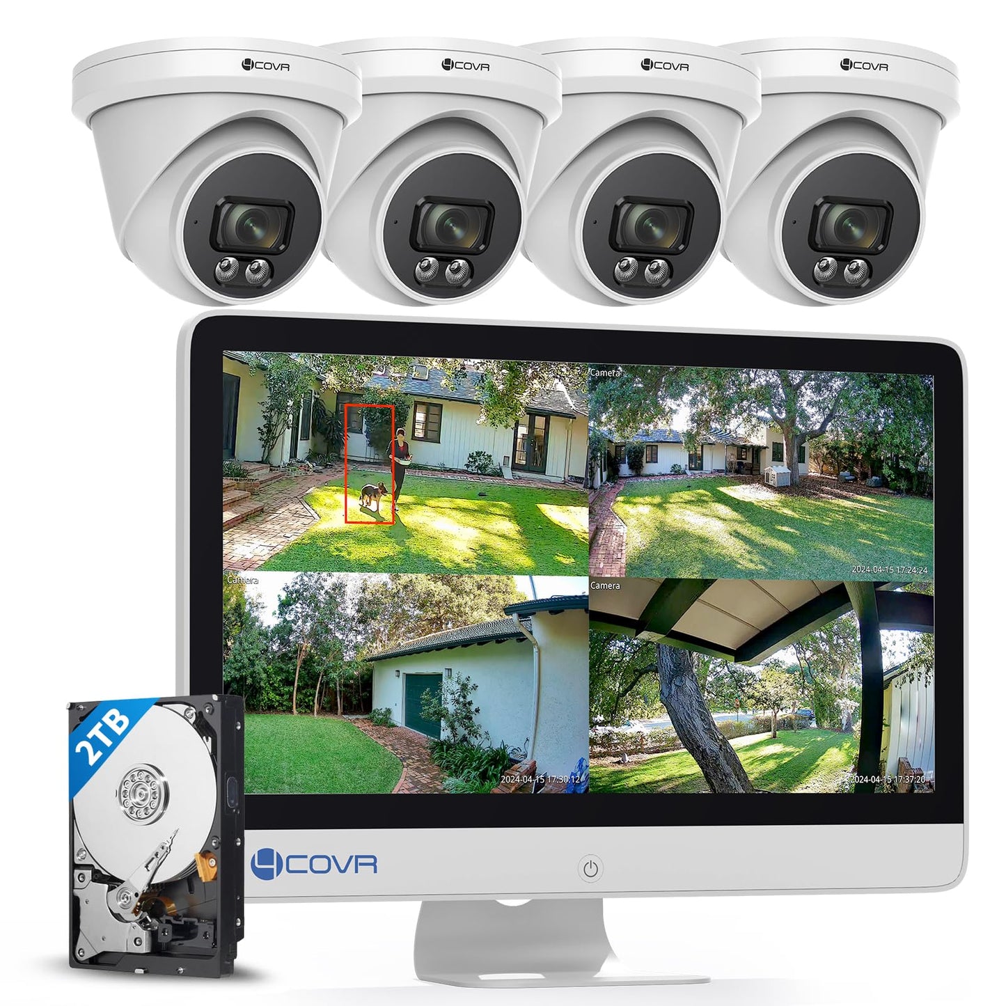 4COVR PoE Wired Security Camera System with Monitor, 8CH 8MP H.265 Ultra HD NVR with Screen Pre-Installed 2TB HDD, 4Pcs IR Dome