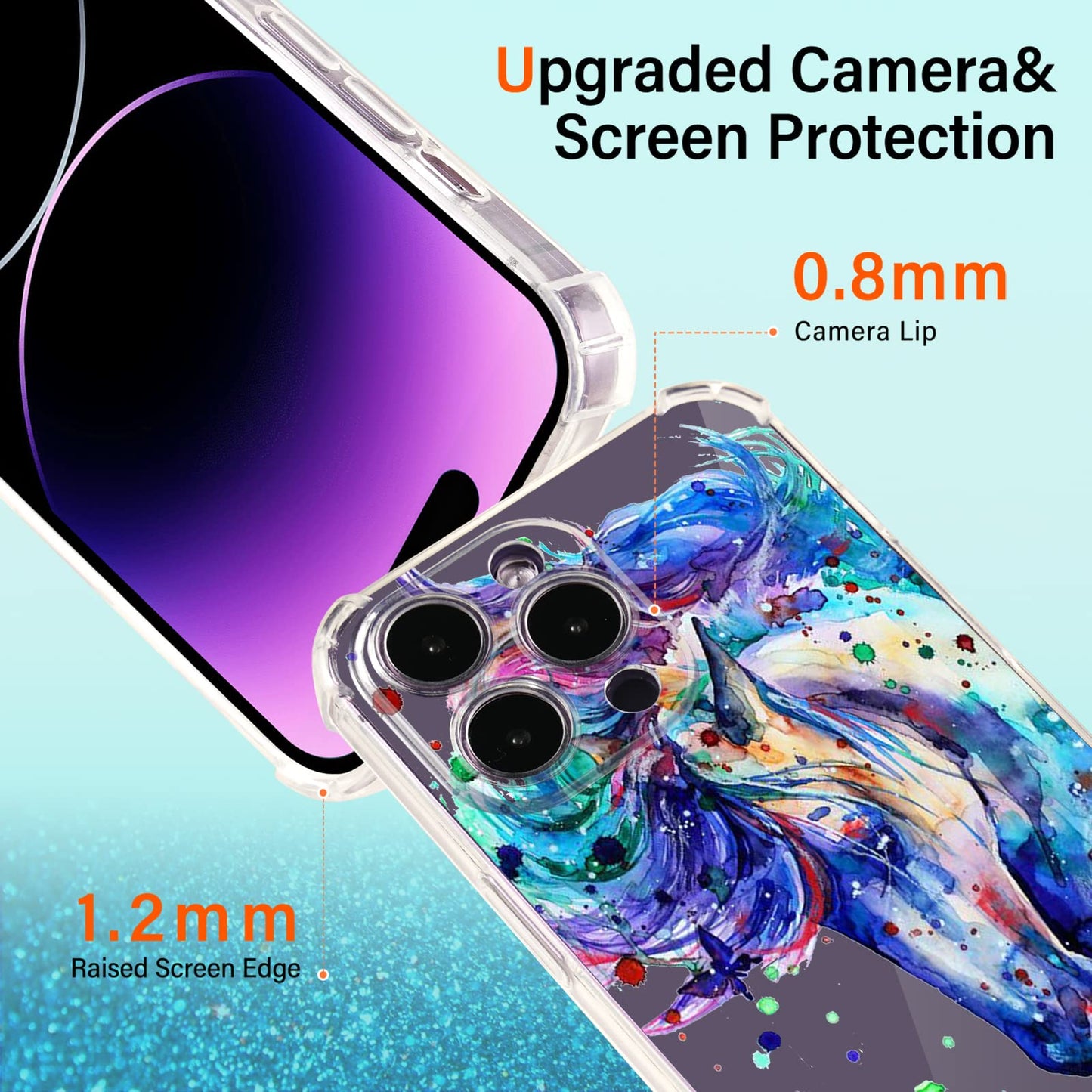 Roemary Purple Case For Iphone 12 Mini With Blue Horse Design,Watercolor Pattern With Screen Protector [Buffertech 6.6 Ft Drop I
