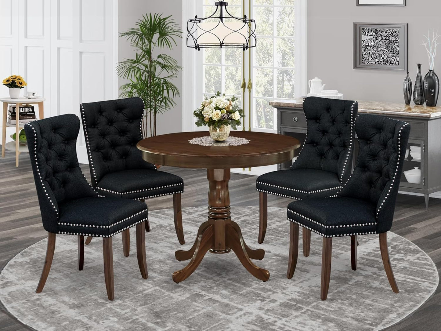 East West Furniture ANDA5-AWA-24 5 Piece Dining Table Set Consists of a Round Kitchen Table with Pedestal and 4 Polyester Fabric Padded Chairs, 36x36 Inch, Antique Walnut