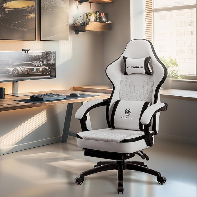 Dowinx Gaming Chair Breathable PU Leather Gamer Chair with Footrest Massage Lumbar Support, Big and Tall Ergonomic Reclining Computer Chair with Pocket Spring Cushion for Adults Teens (Black&White)