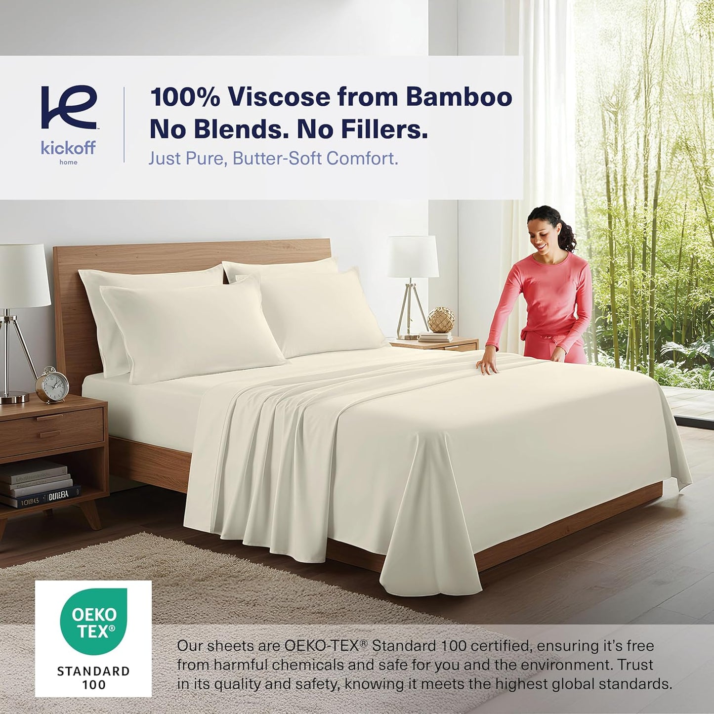 Kickoff Viscose Bamboo Sheets Full Size 4-pc 100% Organic Bamboo Viscose Bed Cooling Sheets Full Size Set Cool Bedding for hot Sleepers Sheet, Flat, Fitted, Pillowcases (Buttercream, F)