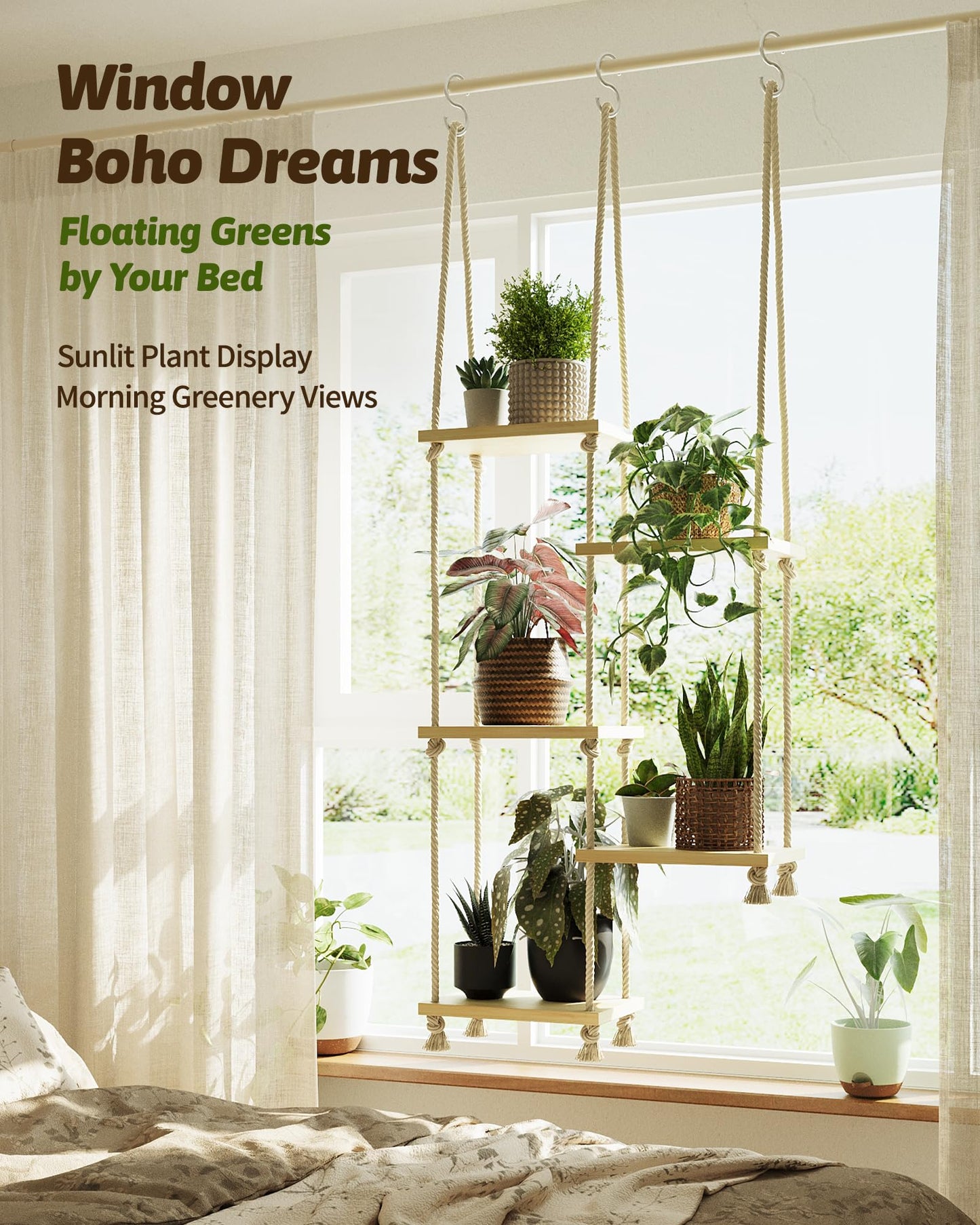 GENTINGBRO Window Plant Shelves Macrame Plant Hanger Floating Shelves Window Sill Shelf for Plants Hanging Plant Stand Indoor Window Plant Holder Boho Decor Living Room Bedroom Wall Decor