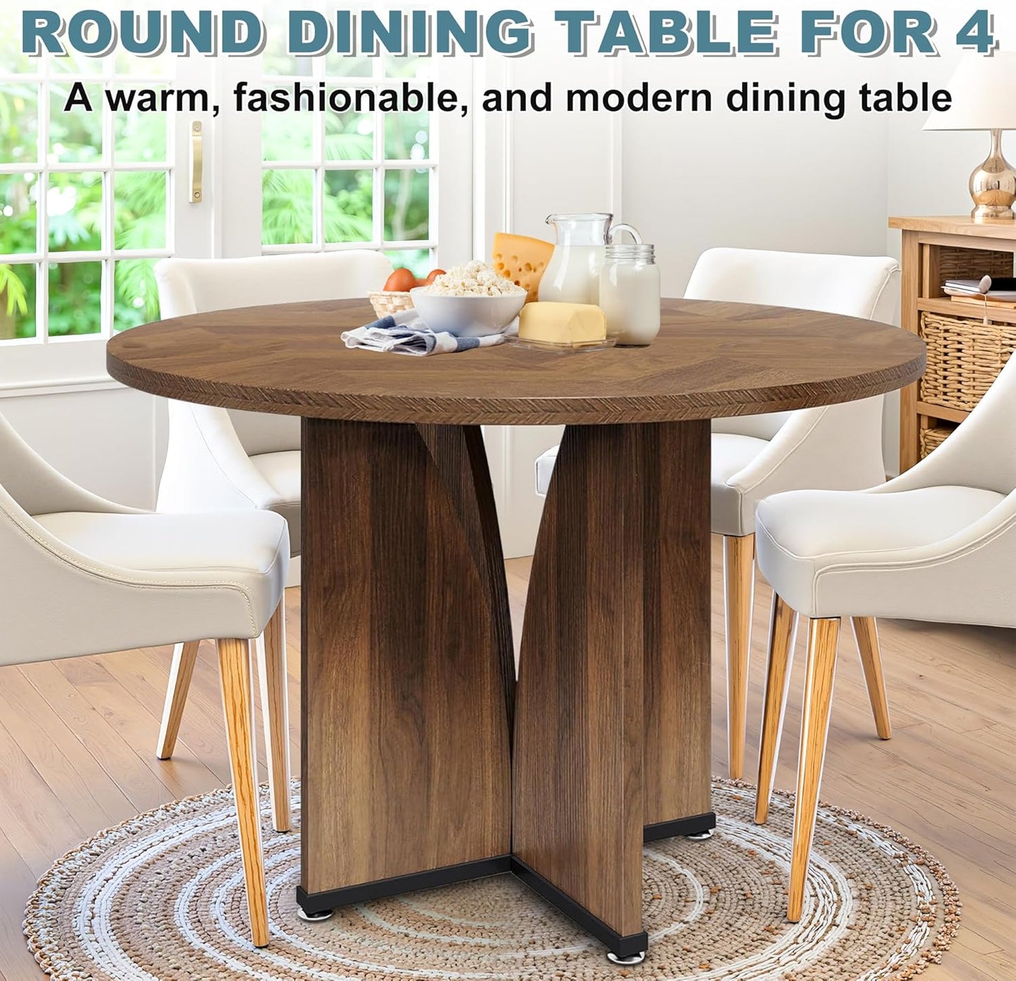 Round Dining Table for 4, 39" Small Dinner Table with Cross Base Round Brown Kitchen Tables for Dining Room, Kitchen, Living Room