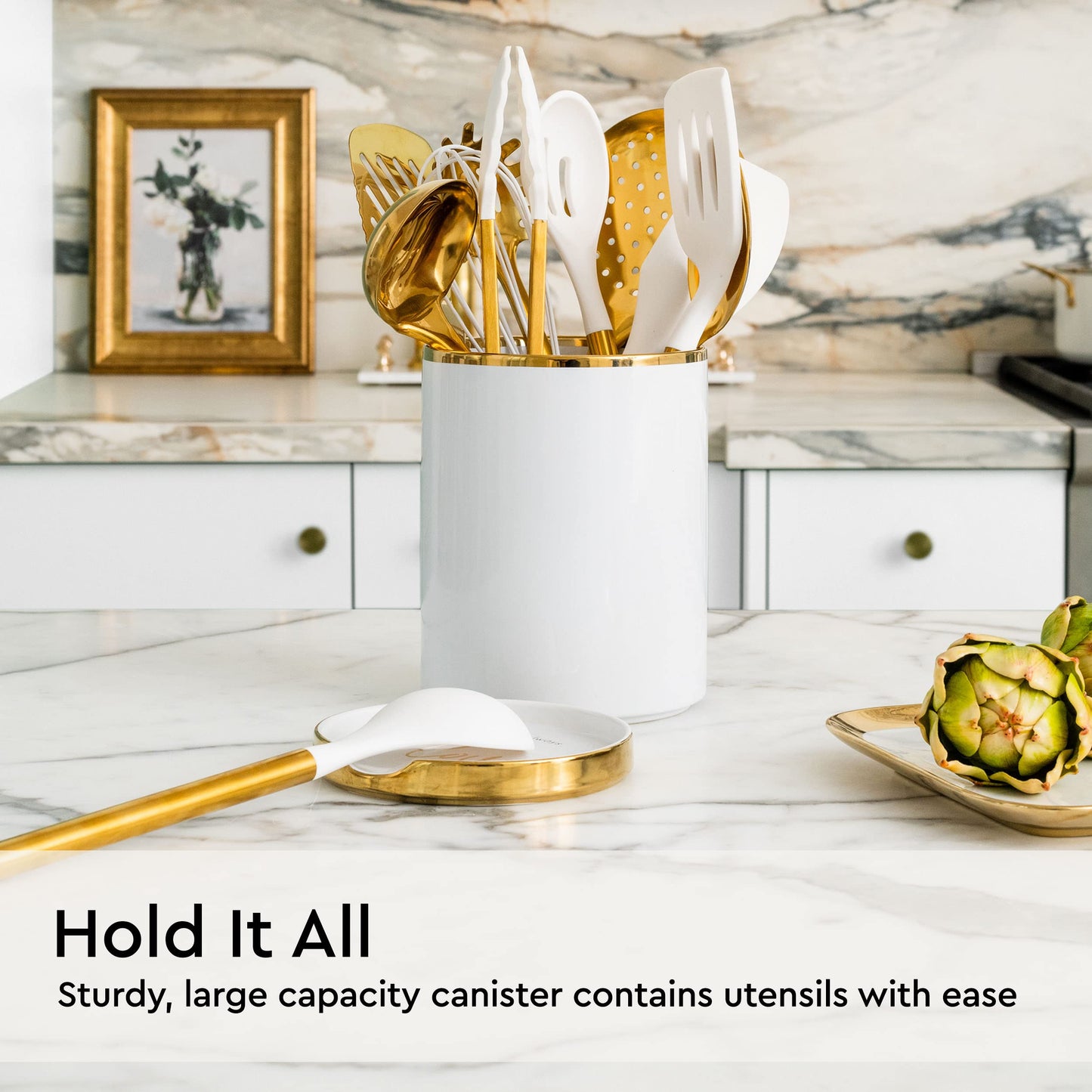 White Utensil Holder with Built-In Ceramic Spoon Rest - 2-Piece Luxe White and Gold Spatula Holder with Gold Spoon Rest for Countertop Organization - Stylish Kitchen Accessory, Utensils Not Included