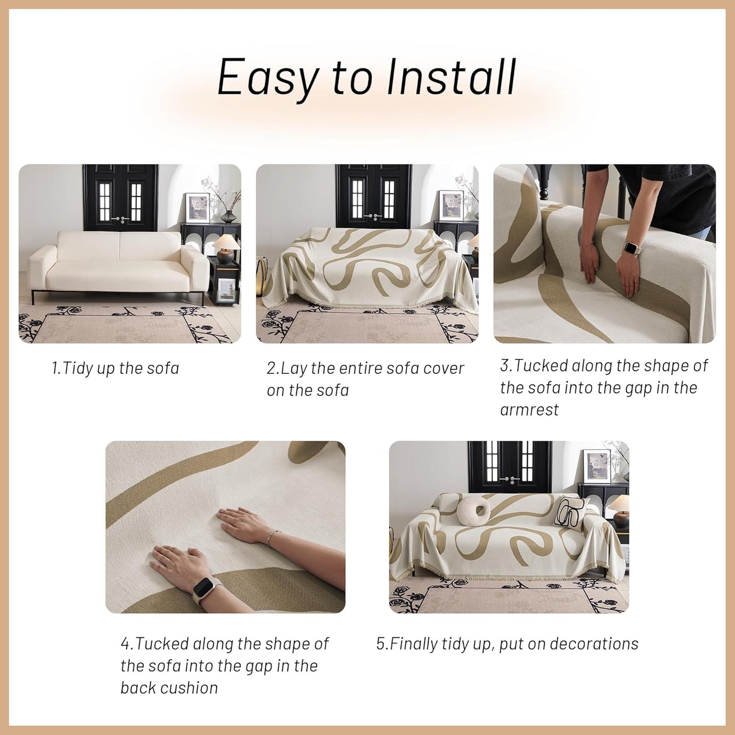 MYSKY HOME Boho Couch Cover Super Soft Couch Covers for 2-3 Cushion Couch Sofa, Modern Khaki Jacquard Sofa Slipcover Loveseat Futon Cover, Couch Covers for Sectional Sofa, 71" x 134", Khaki Curve