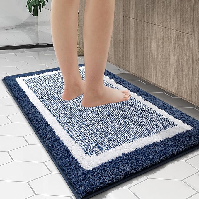 OLANLY Bathroom Rugs 24x16, Extra Soft and Absorbent Microfiber Bath Mat, Non-Slip, Machine Washable, Quick Dry Shaggy Bath Carpet, Suitable for Bathroom Floor, Tub, Shower (Small, Navy)